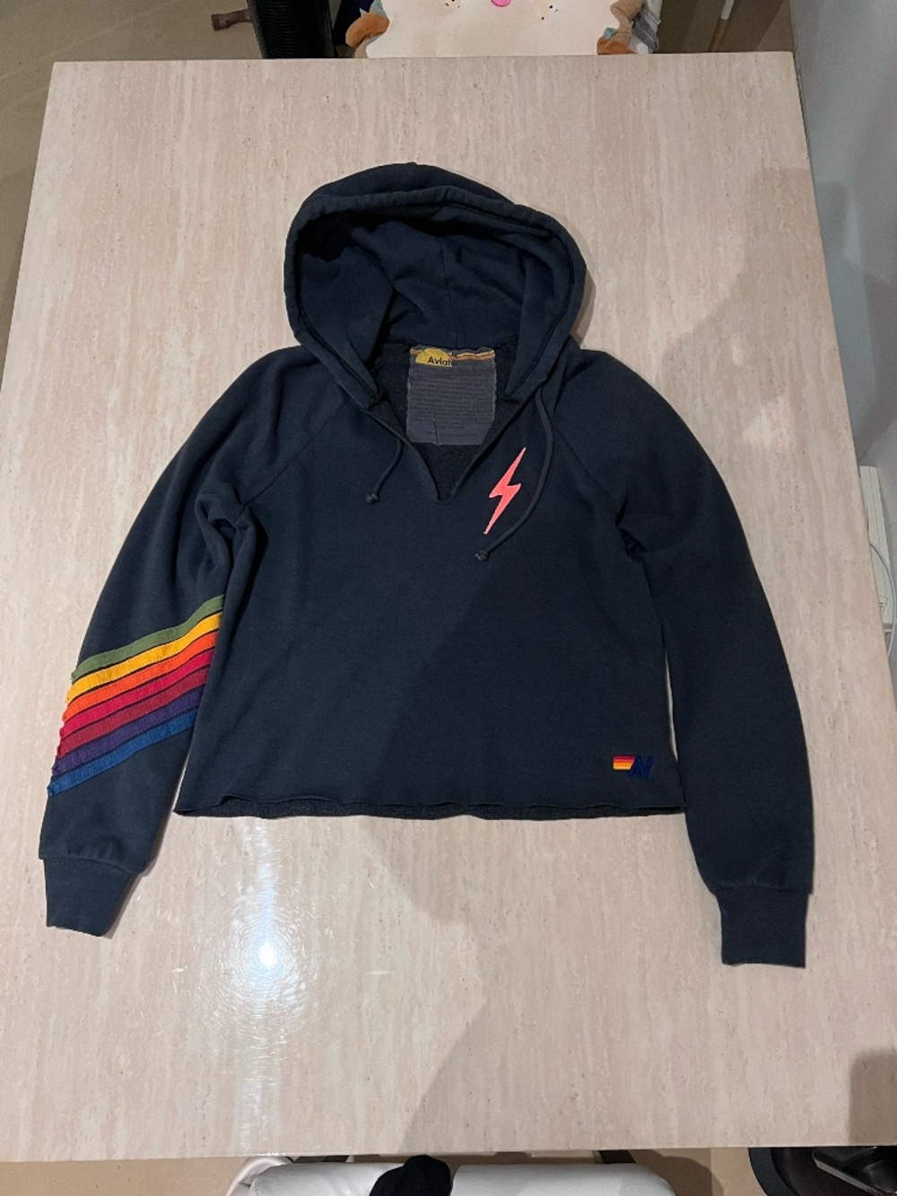 Aviator Nation Rainbow Crop Lightning Bolt Graphic Hoodie M